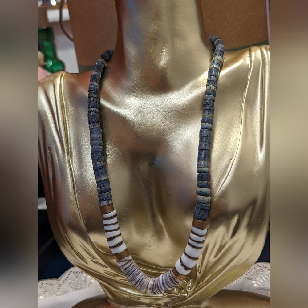 Santo Domingo Blue & White Heishi Shell  Surfer Necklace.